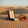 Sadu Floor chair in a picnic setup on sand dunes with a basket, blanket, and cups.