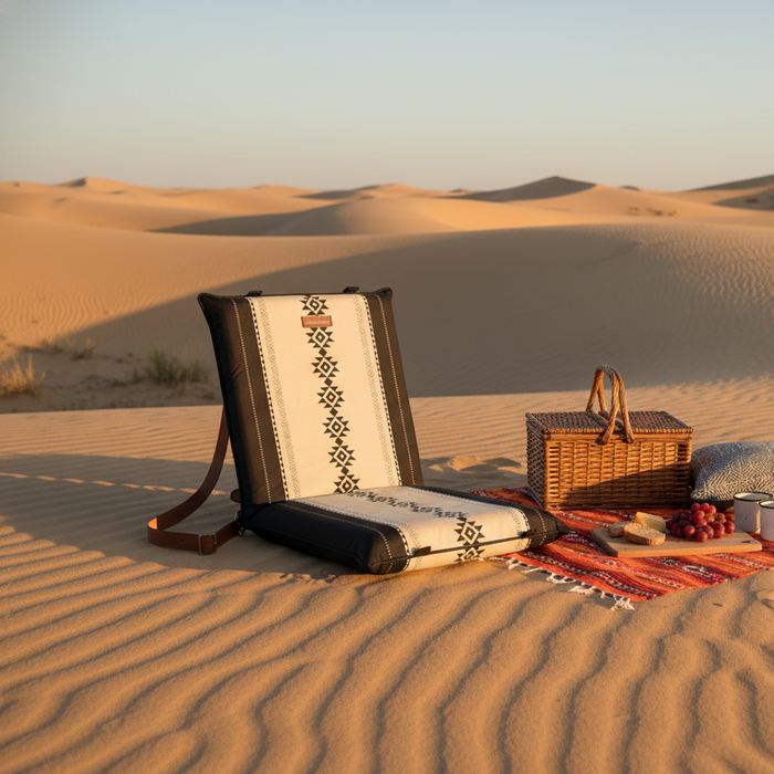 Sadu Floor chair in a picnic setup on sand dunes with a basket, blanket, and cups.