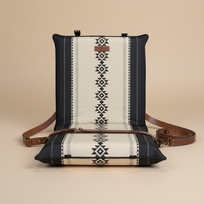 Crossbody floor chair with Arabic Sadu pattern on a beige background