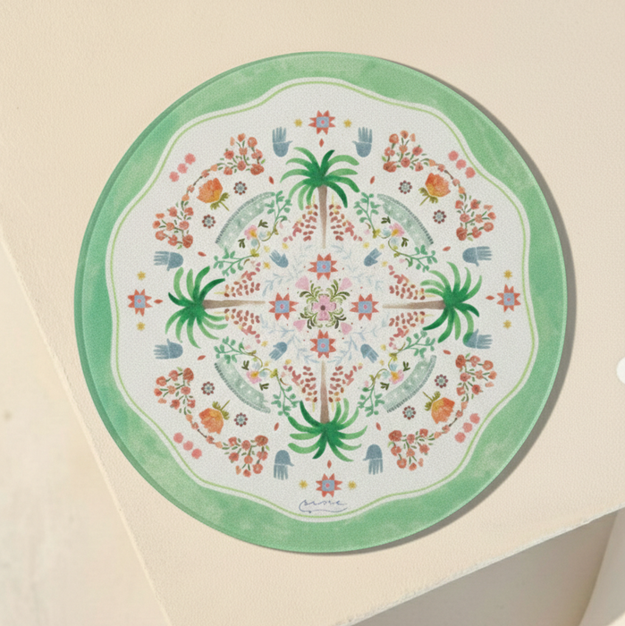 Multifunctional serving board with floral and palm tree design on a beige background